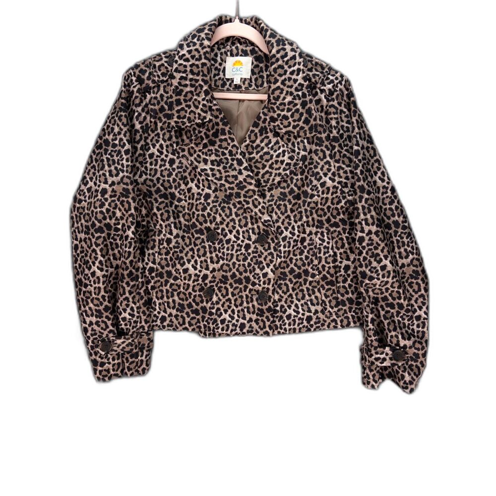 C&C California Leopard Print Cropped Trench Jacket XL Double Breasted Chic
